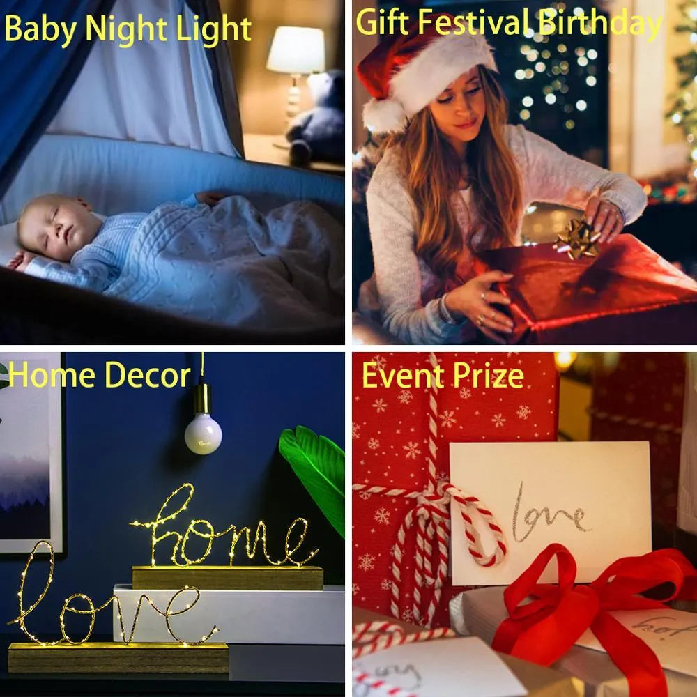 Acrylic 3D night light with LED base showing 200mm x 150mm dimensions and European style design
