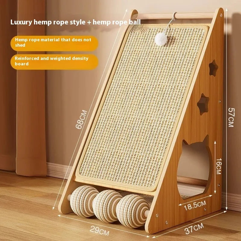 Vertical wall-mounted cat scratch board with sisal surface and hemp rope ball attachment