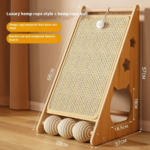 Vertical wall-mounted cat scratch board with sisal surface and hemp rope ball attachment