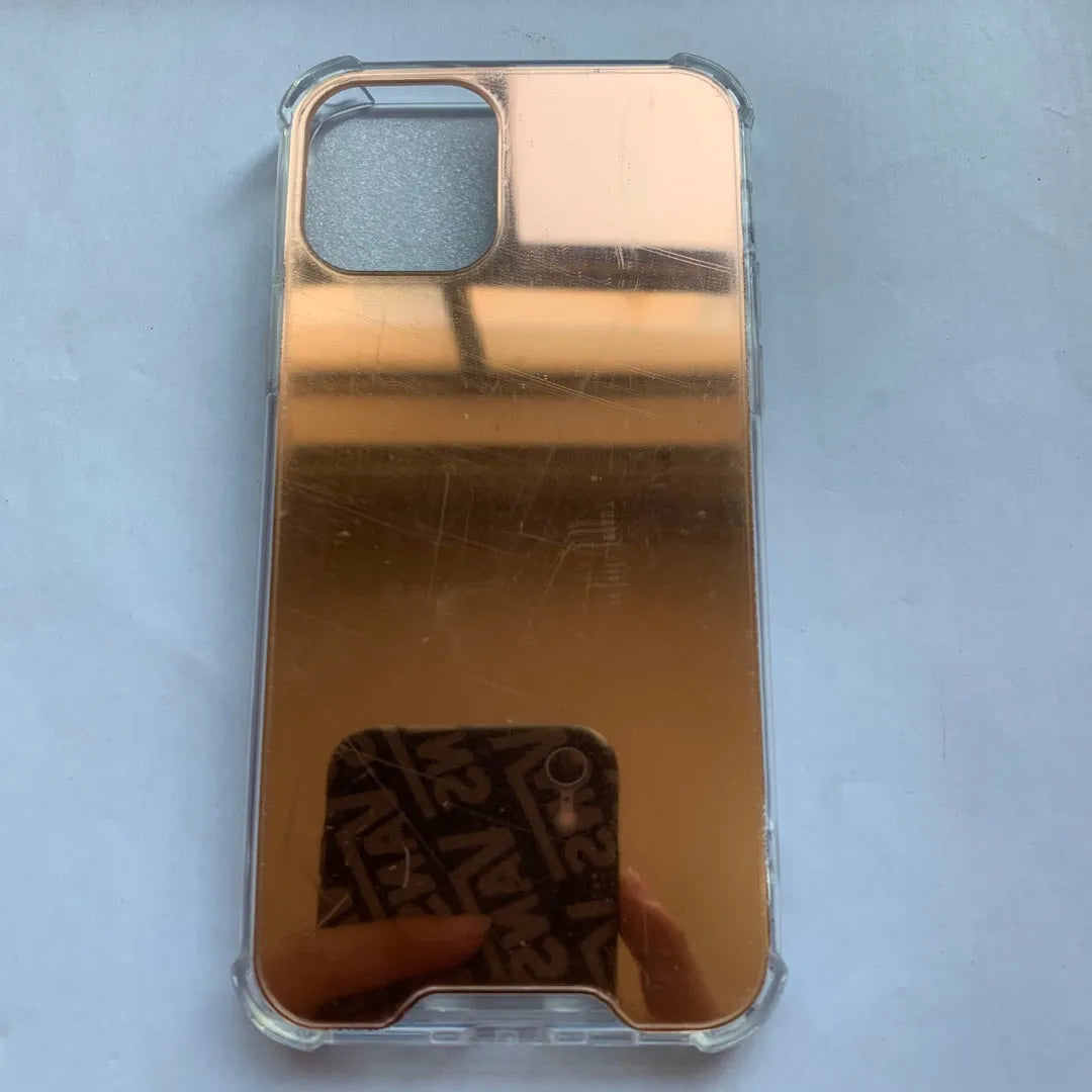 Mirror finish TPU protective case shown on iPhone with colour options displayed.