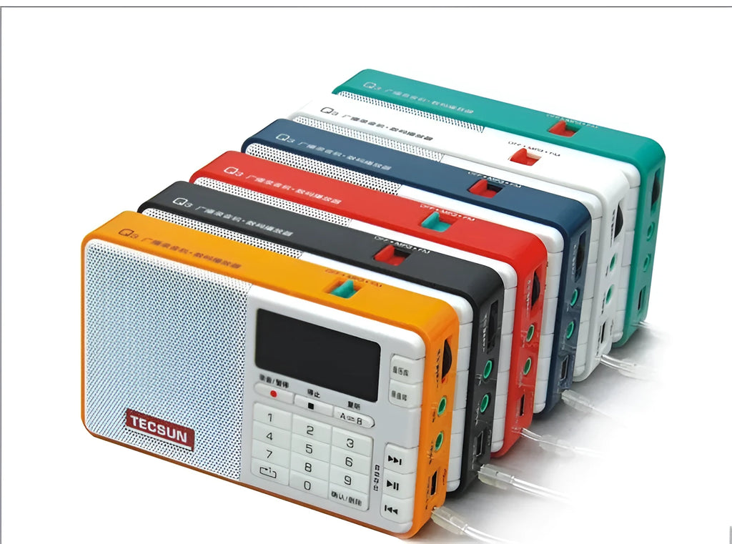 Tecsun Q3 digital audio player and broadcast recorder in various colours on a white background.