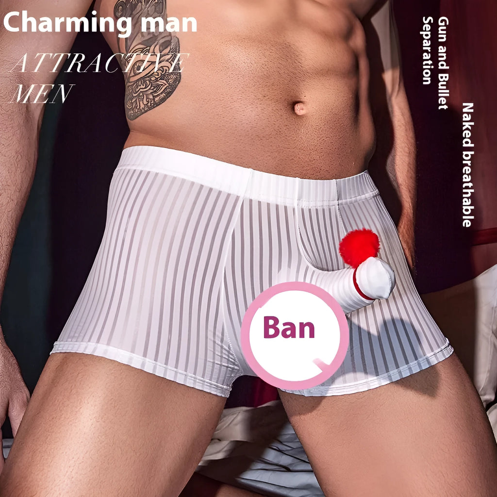 Men's black striped boxer briefs made from nylon fabric on a grey background.