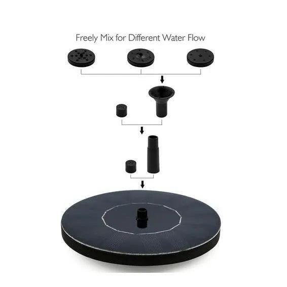 Black solar garden fountain with mercury floating design and four spray nozzles for ponds