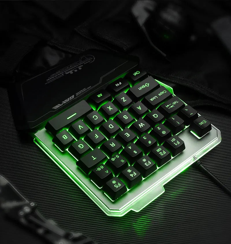 Black one-handed mechanical gaming keyboard with RGB backlit keys and USB cable