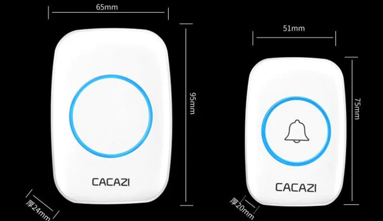Wireless doorbell kit showing plug-in receiver and battery-powered push-button transmitter in black