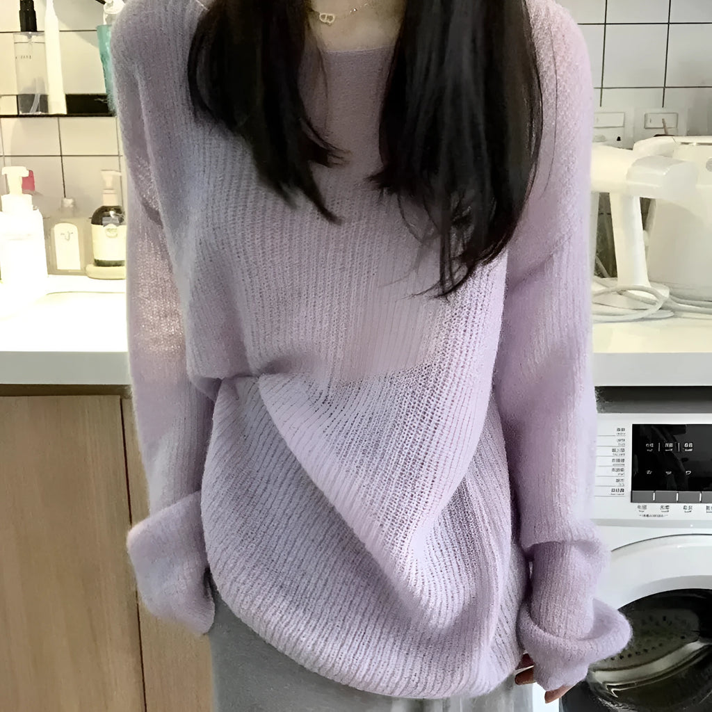 Purple women's blouse with hollow out detail and princess sleeves in lightweight ice silk fabric