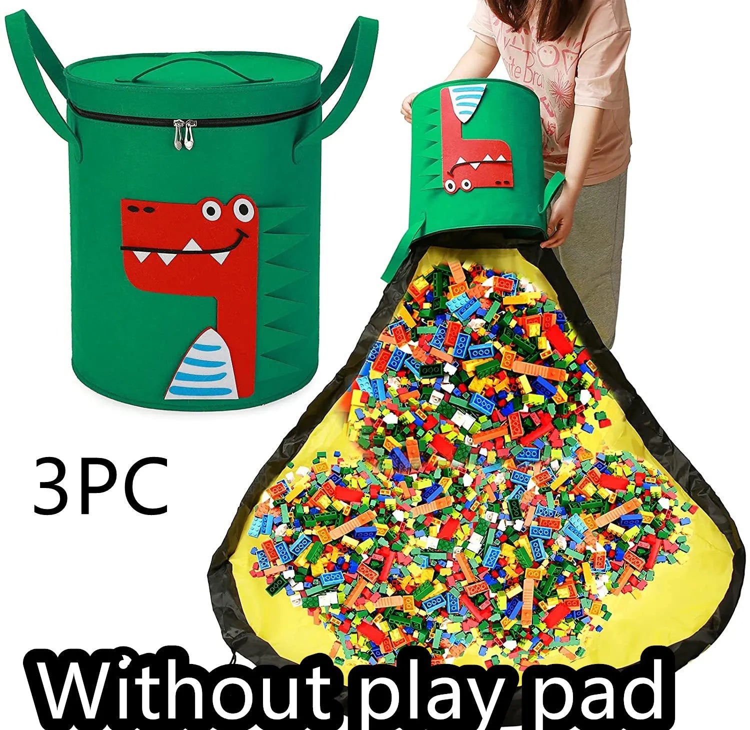 Green felt cube storage bag with pull rope serving as toy organiser and play mat