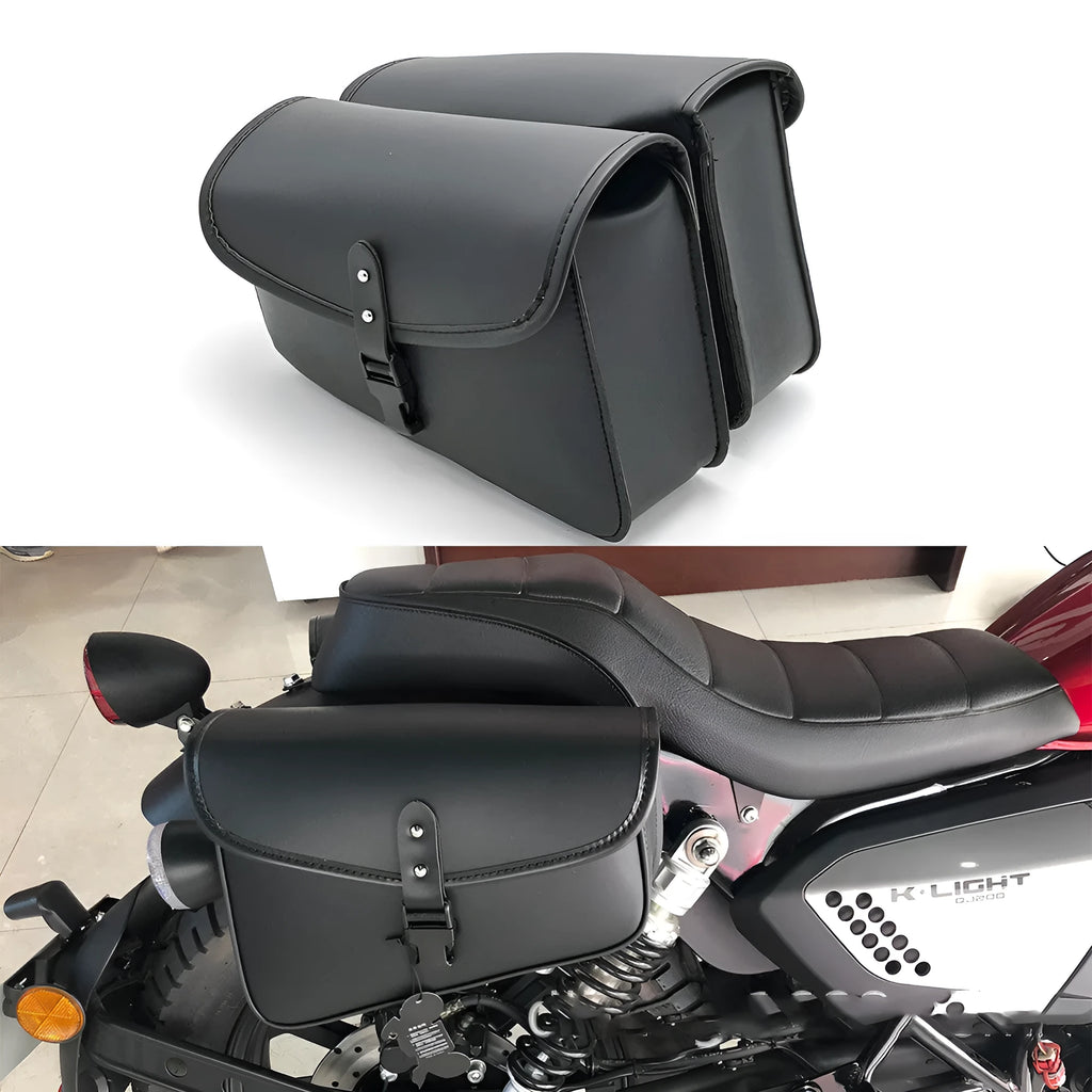 Black PU leather motorcycle swingarm saddlebag mounted on Harley Sportster with dimensions 30x24x20cm