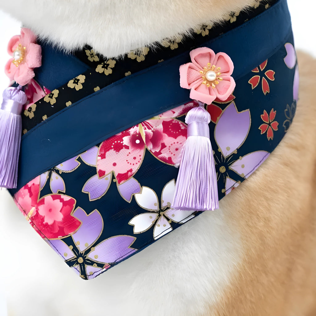 Japanese style pet scarf bib with red diamond pattern and tassels on a light background