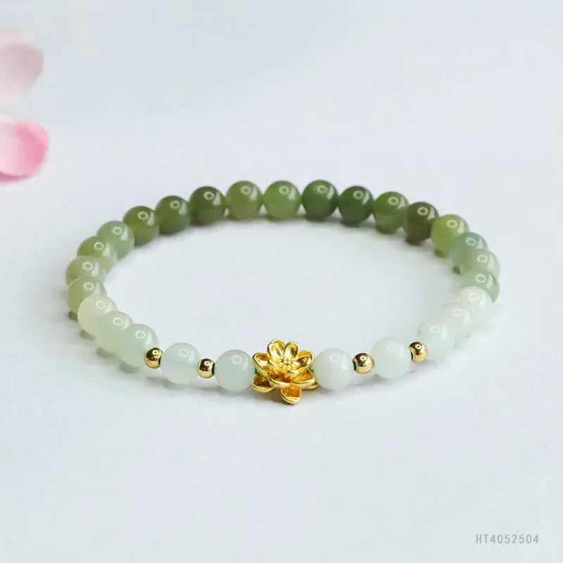 Hand-woven Hetian jade bracelet with sunshine water gradient colour and floral bead design.