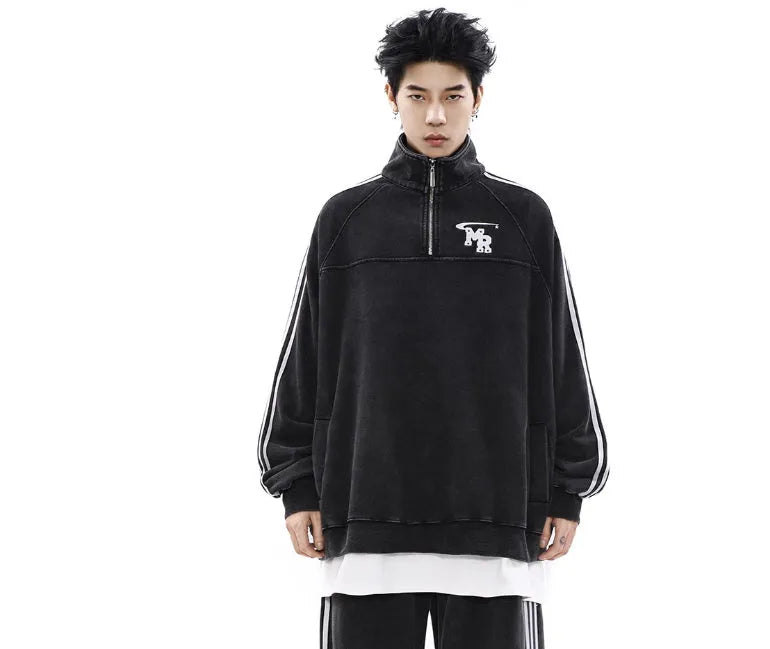 Black Hong Kong style retro sports hoodie with stand collar design and long sleeves