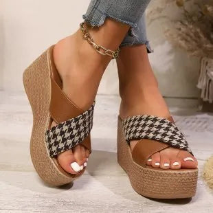 Cross leopard plaid wedge sandals with rubber soles in black or brown colour options