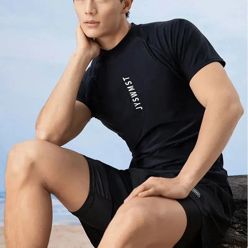 Men's plus size two-piece polyester swimwear set with patterned top and trunks in sizes M to 4XL