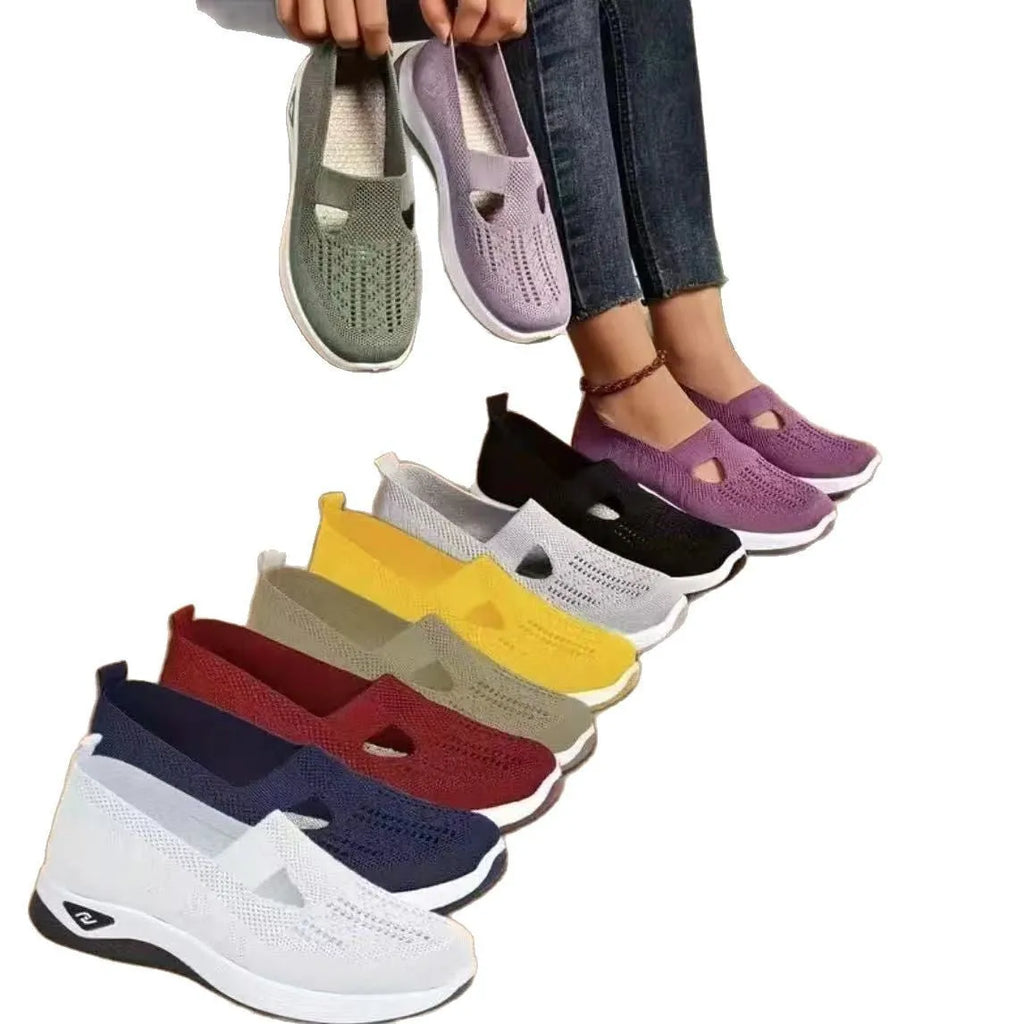 Casual low-top mesh shoes with a soft PVC sole and a T-shaped shoulder strap, shown in various colours.