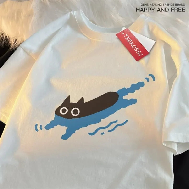 Women's black cat design short sleeve cotton T-shirt for diving and swimming pool leisure