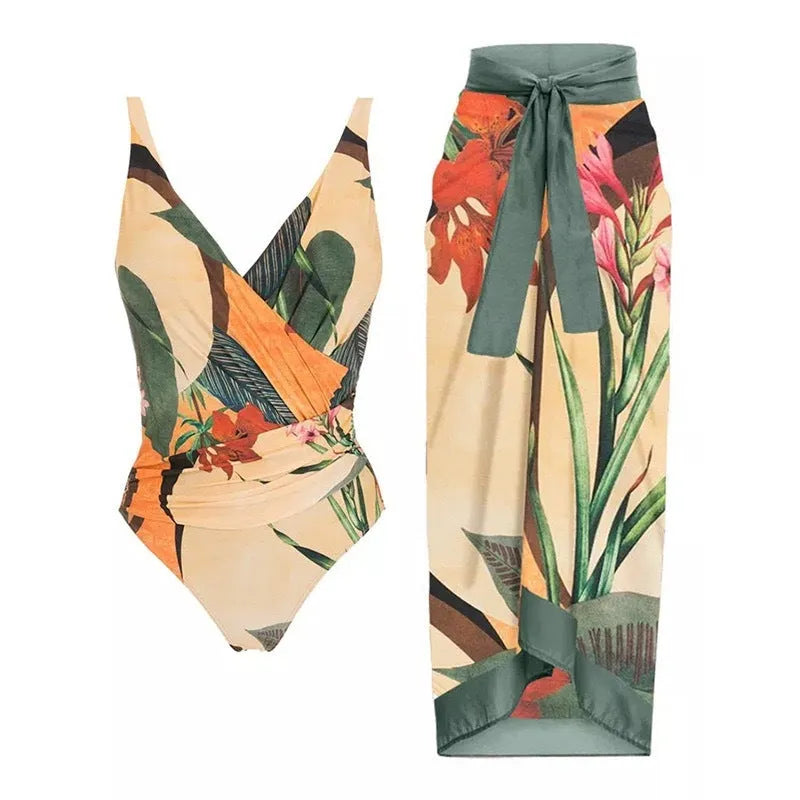 Solid colour women's one-piece swimsuit with spaghetti straps and an attached skirt.