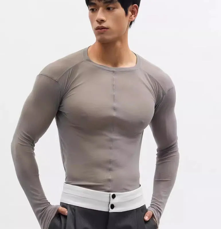 Black slim-fit mesh pullover with long sleeves and round neck