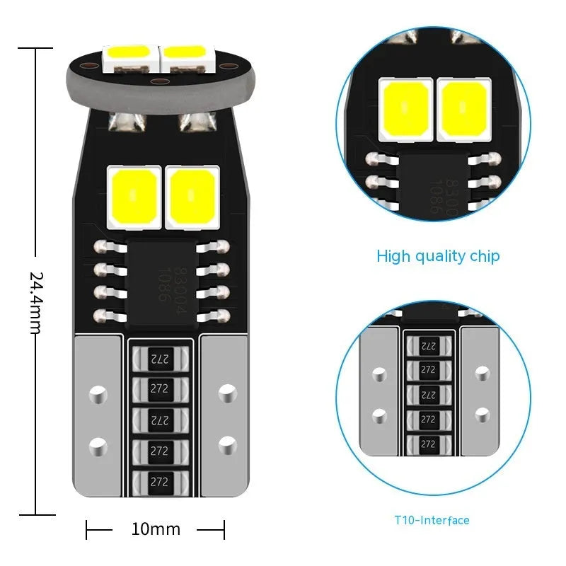 Small white LED car lamp for licence plate lighting on a fibre-glass board.