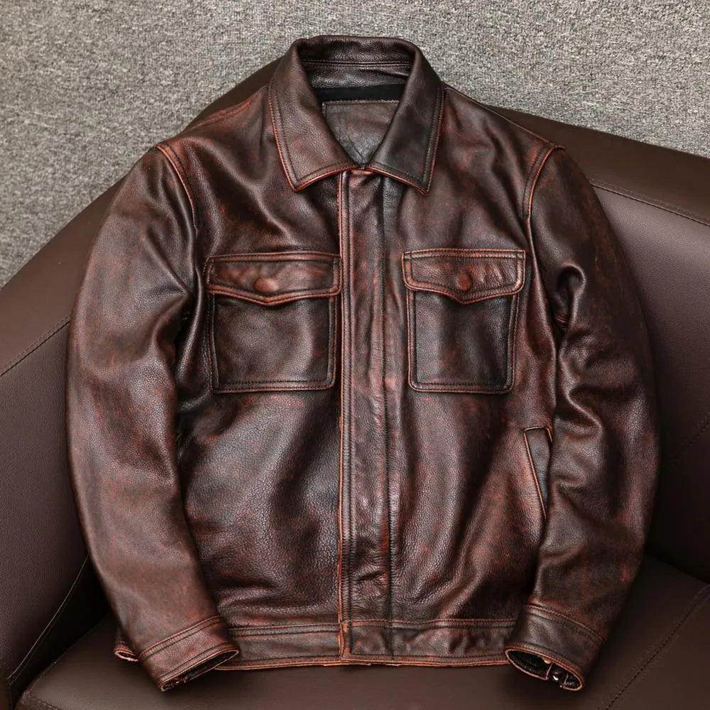 Men's black lapel short leather jacket with side pockets in loose fit design