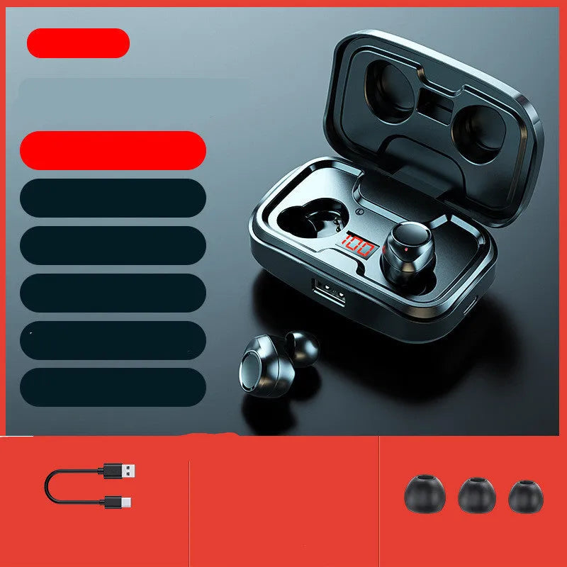 Black wireless in-ear headphones with Bluetooth 5.0 showing the private mould earpiece design