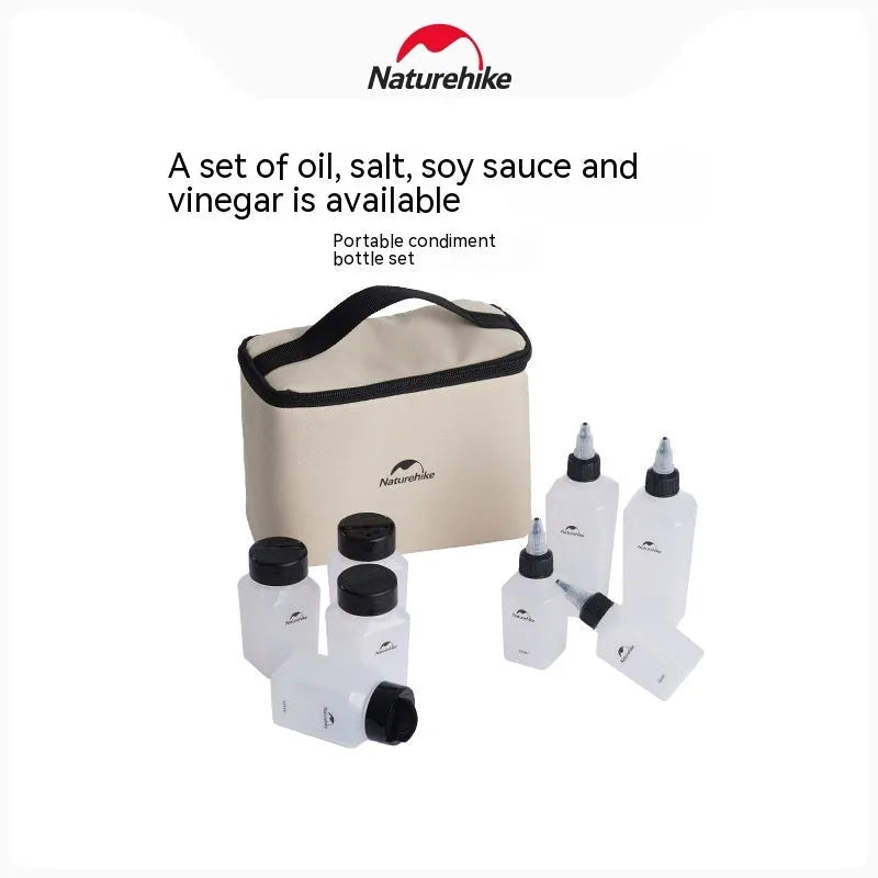 Naturehike six-piece PP plastic portable seasoning bottle set for outdoor cooking and picnics.