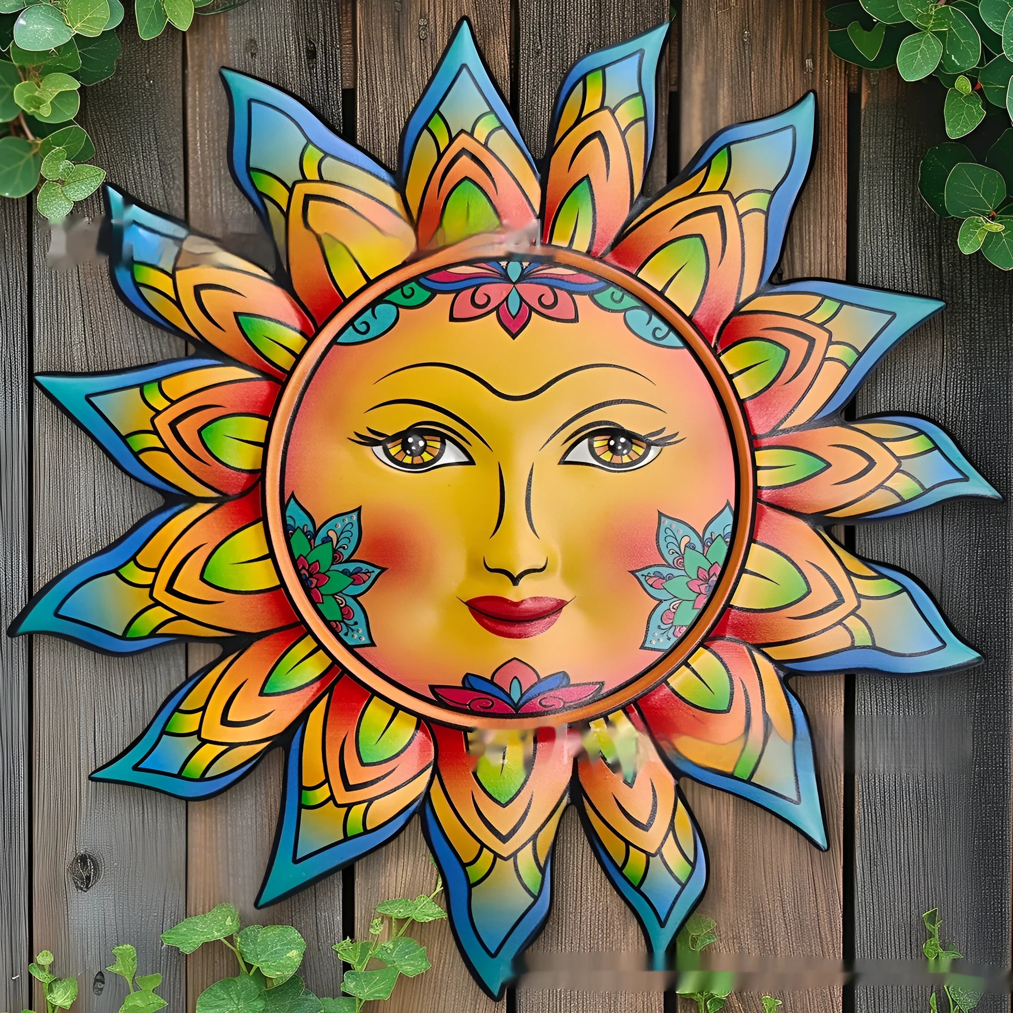 Iron sun face decorative metal wall hanging in a choice of colours for indoor or garden use.