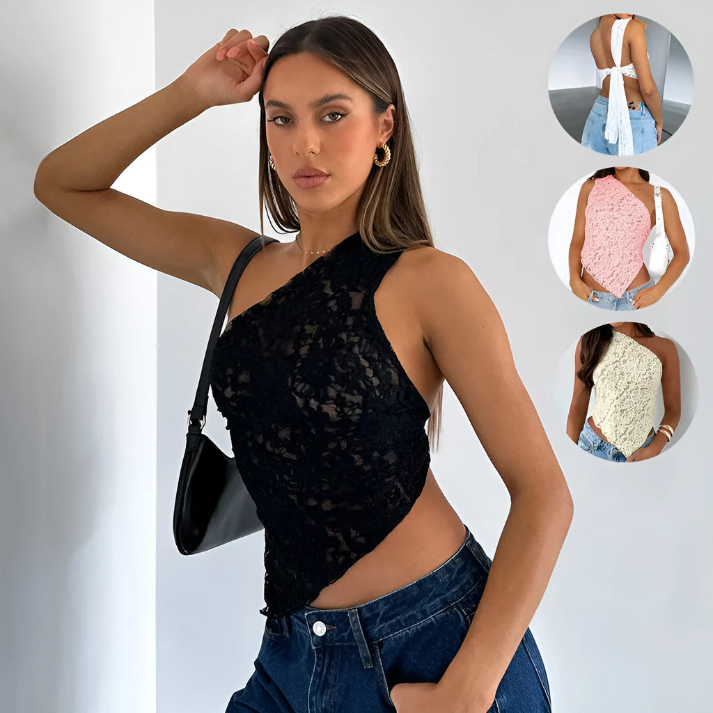 Womans lace backless vest top with asymmetrical sloped neckline in solid colour.