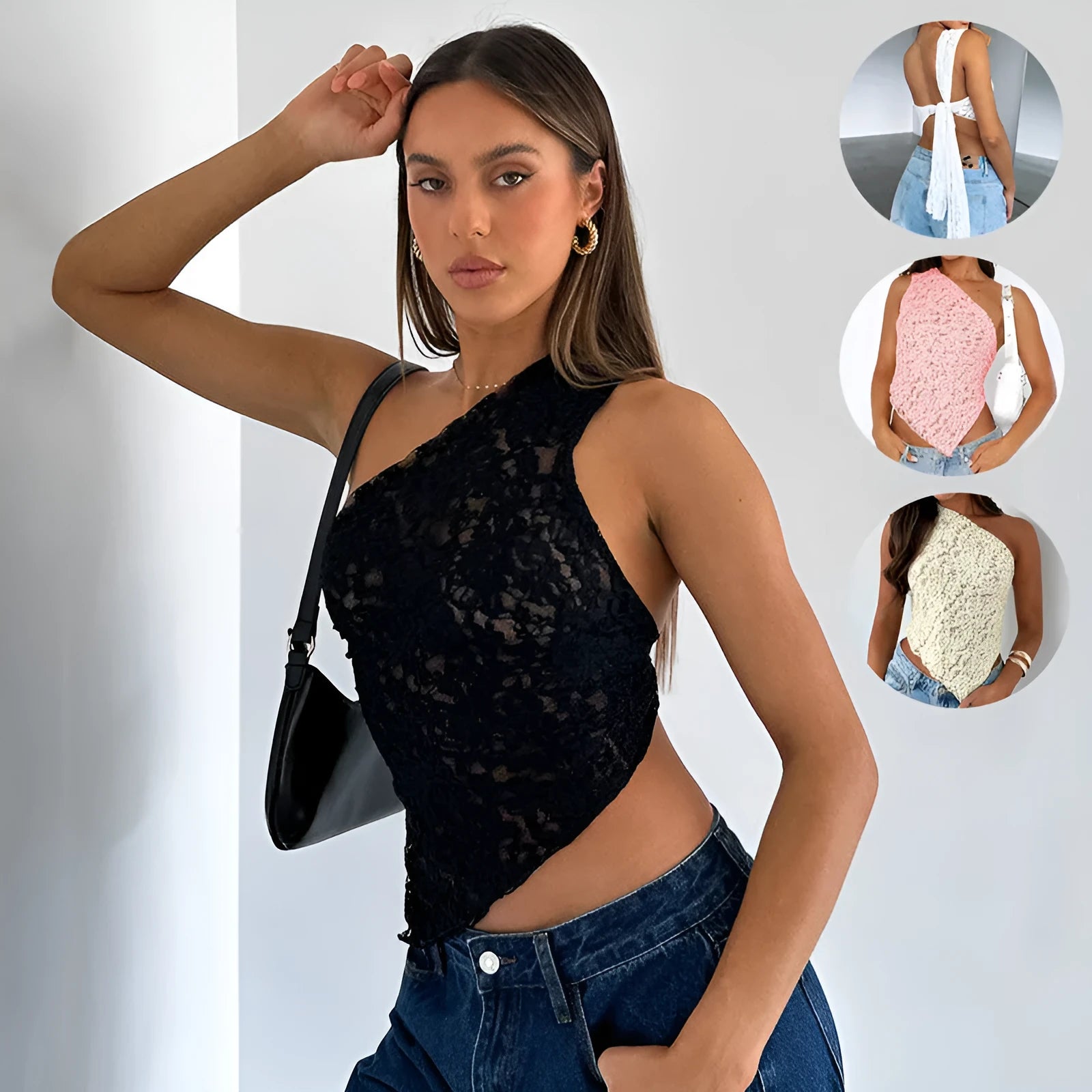 Womans lace backless vest top with asymmetrical sloped neckline in solid colour.