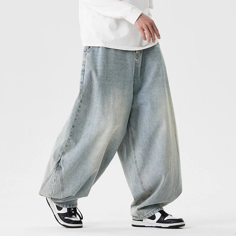 Men's plus size wide leg jeans in cotton denim fabric with straight cut trousers