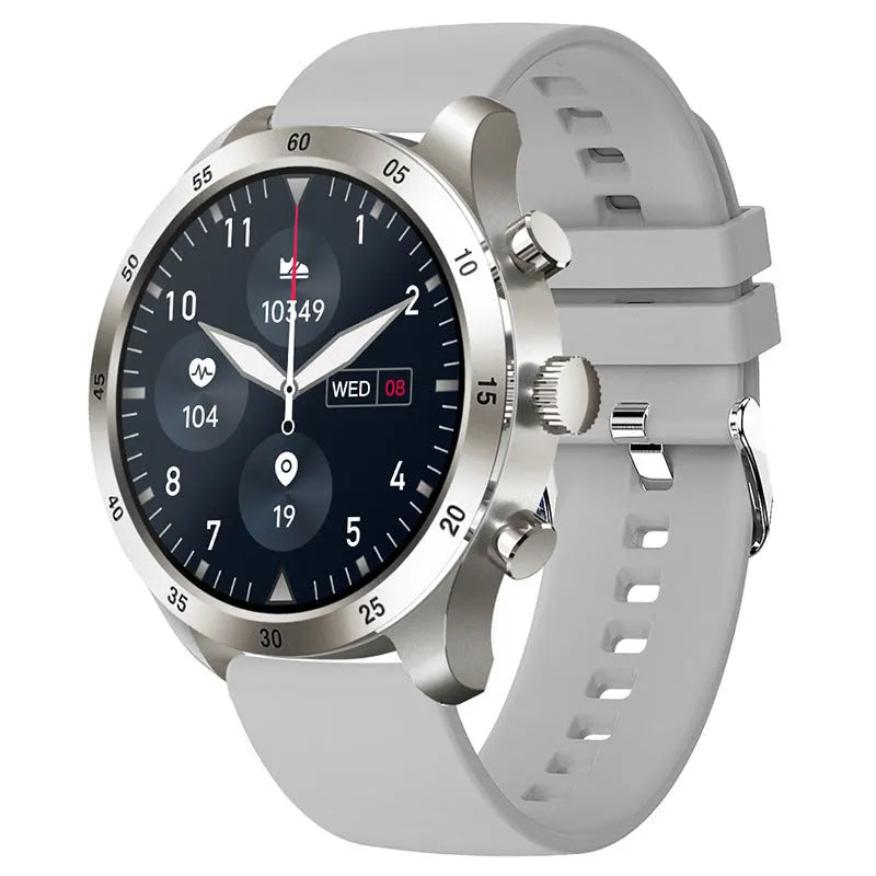 Black steel smart watch on wrist showing Bluetooth calling interface and health metrics.