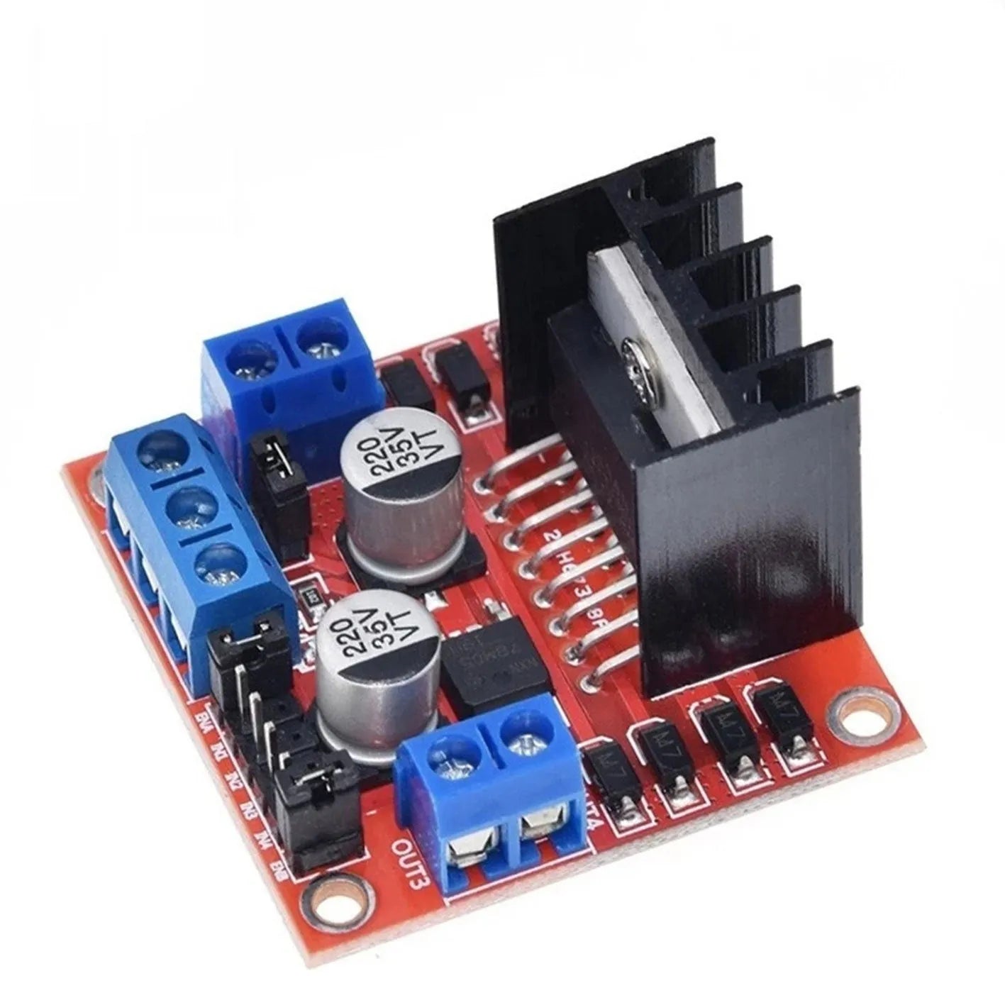 L298N dual H-bridge motor driver module board for DC and stepper motor control.