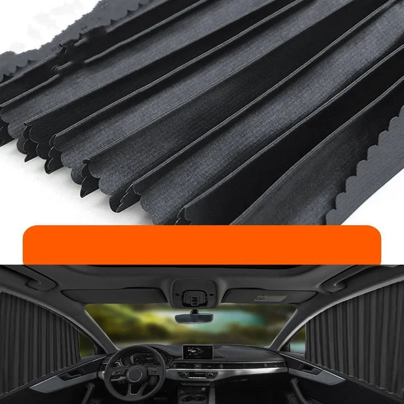 Auto retractable car sun curtain in black colour showing roller shutter mechanism