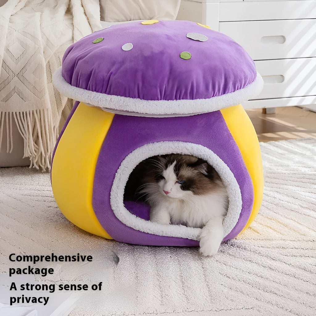 Mushroom-shaped cat nest with detachable thermal blanket in rabbit plush material