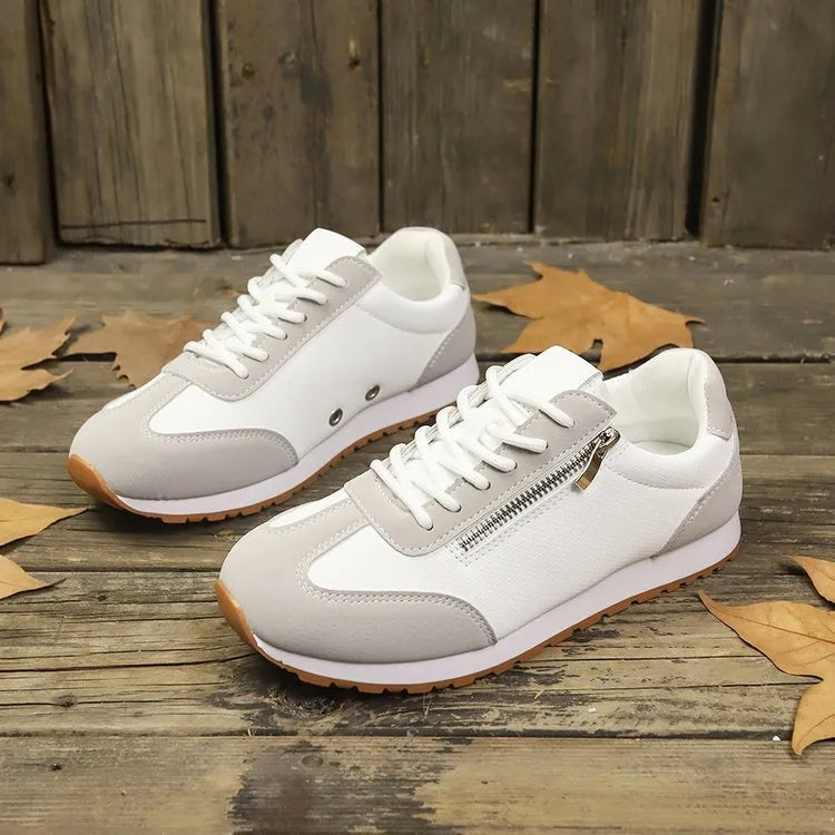 Women's flat-heeled casual shoes in grey, white, or Champagne with artificial PU upper and rubber sole