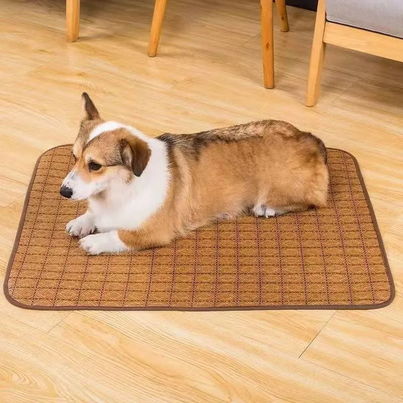 Brown rattan fibre summer cooling mat for dogs available in six different sizes