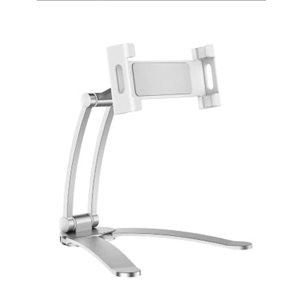 Silver aluminium alloy desktop tablet stand holding a tablet, showing 360-degree rotation adjustment.