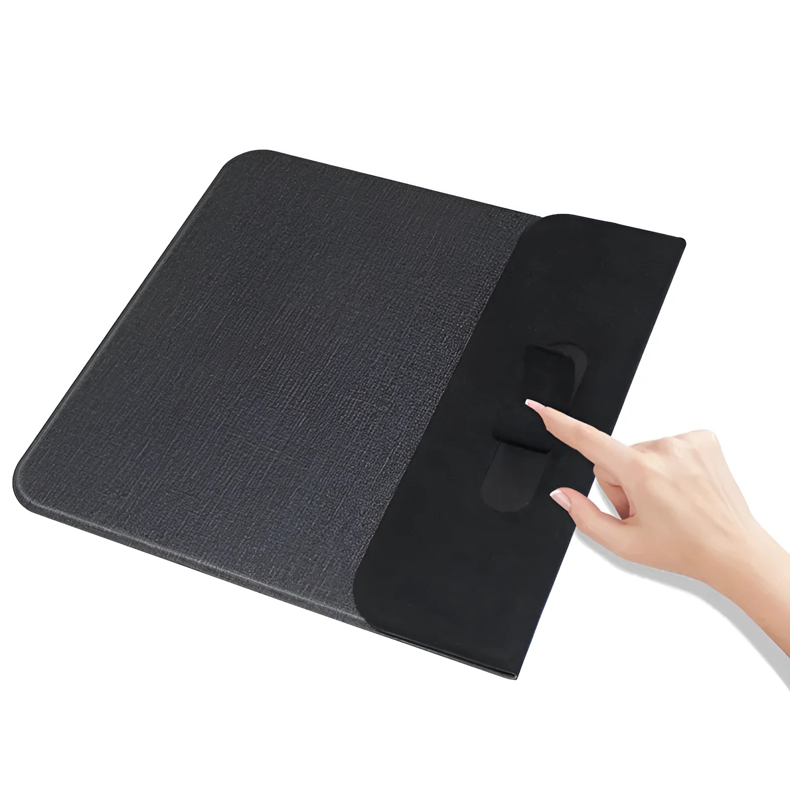 Foldable cloth phone stand open, showing wireless charging of a smartphone at an angle