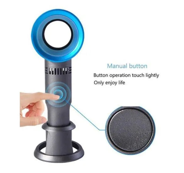 A portable bladeless desk fan with a modern design, shown on its base with a USB cable, available in multiple colours.