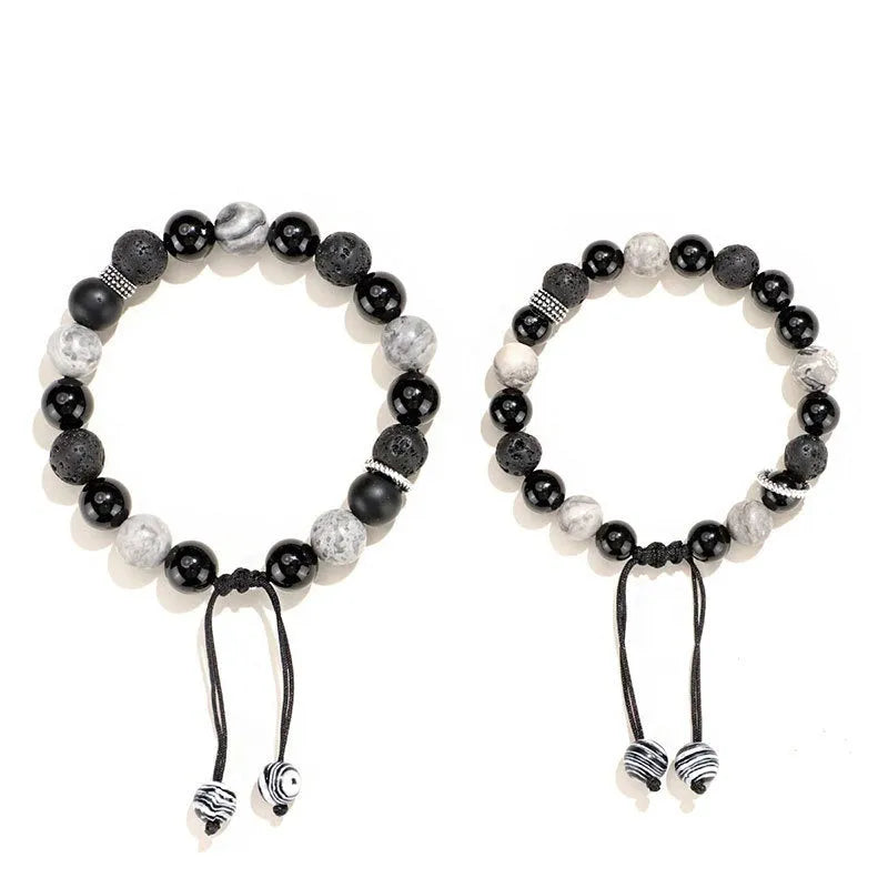 Black agate map stone bracelet with diamond-shaped volcanic rock beads