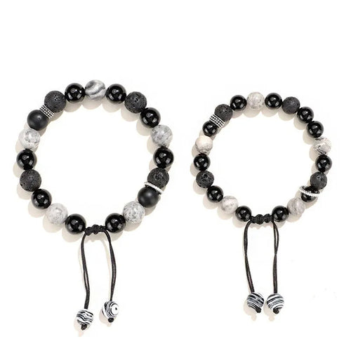 Black agate map stone bracelet with diamond-shaped volcanic rock beads