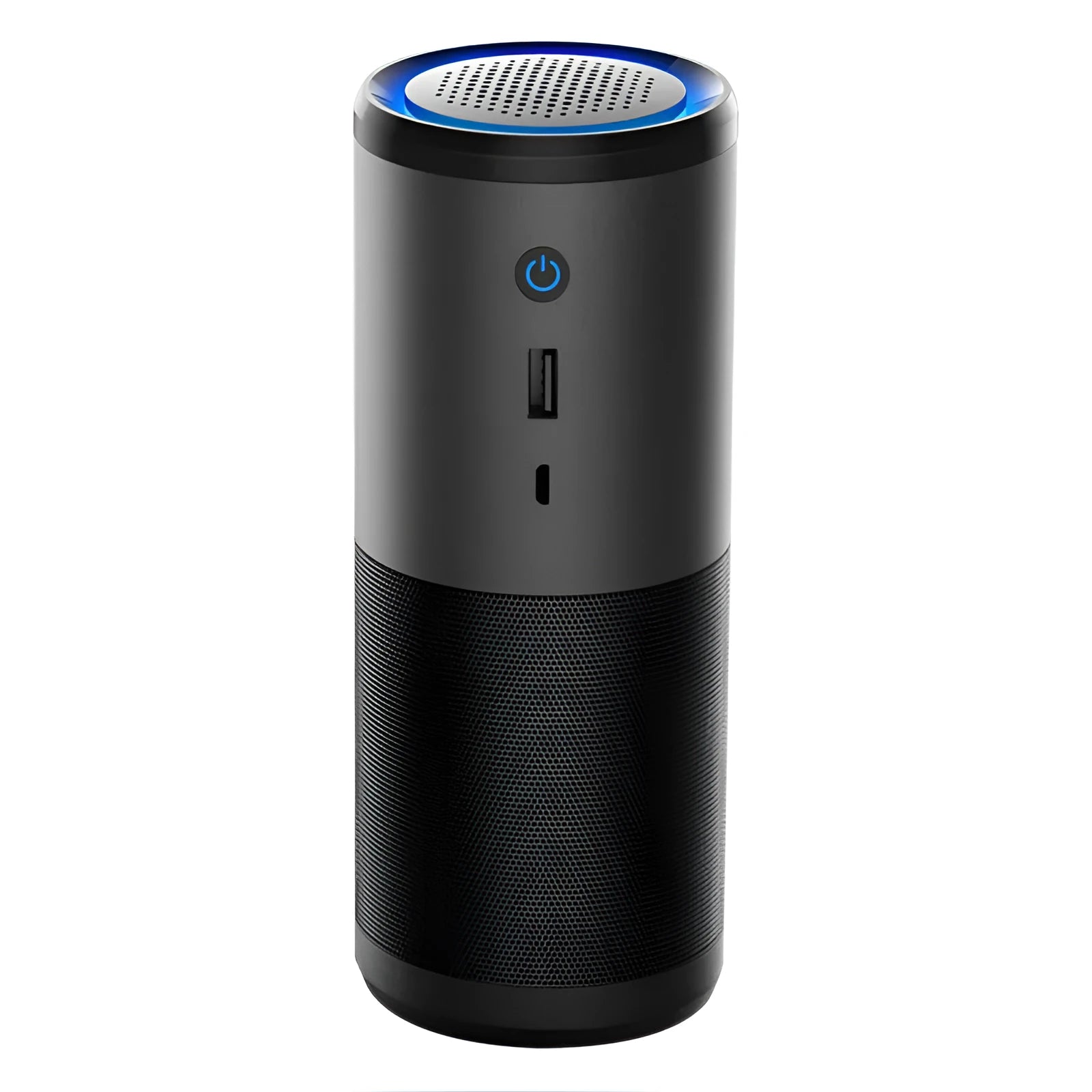Portable mini car air purifier in black or rosebox colour with USB charging cable
