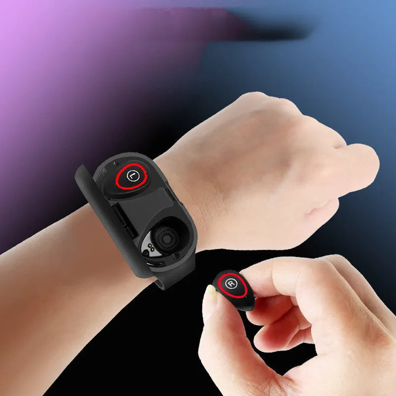 Blue smart bracelet with 1-inch touchscreen and wireless earphones for fitness tracking and calls