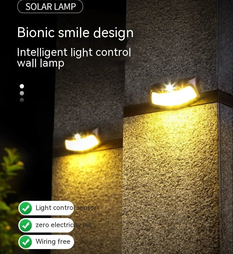 Solar outdoor retro wall lamp with smiling face design and IP65 rating for garden and villa use