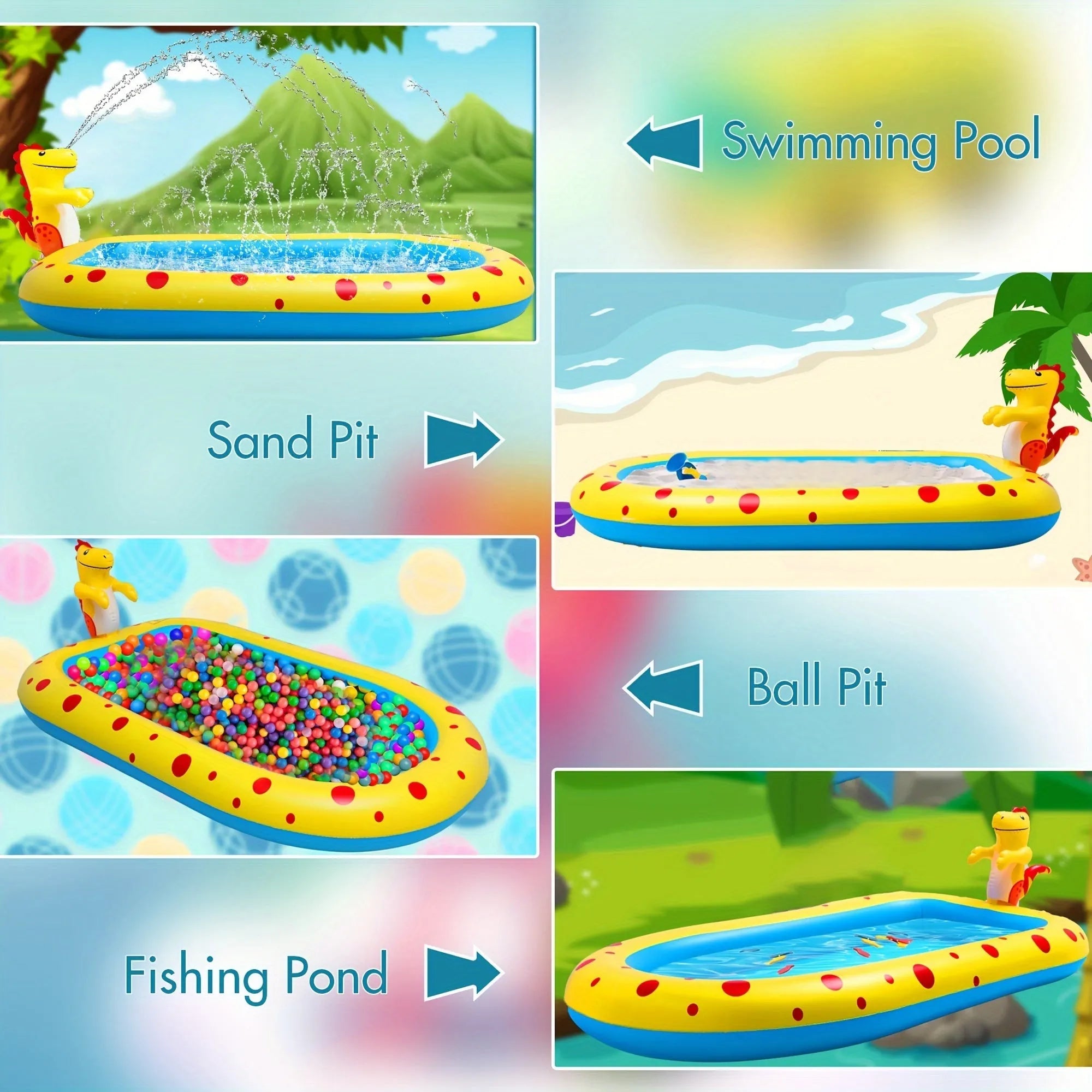 Blue and yellow dinosaur and shark themed large inflatable water spray pool for kids in a garden