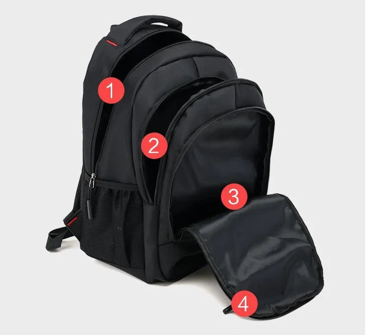 Teenage backpack in Oxford fabric showing side zipper pockets and breathable shoulder straps