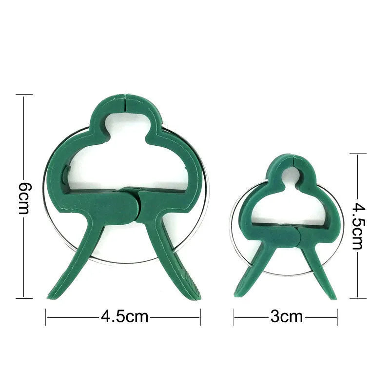Green plastic and zinc plant fixing clips in large and small sizes for climbing vegetables