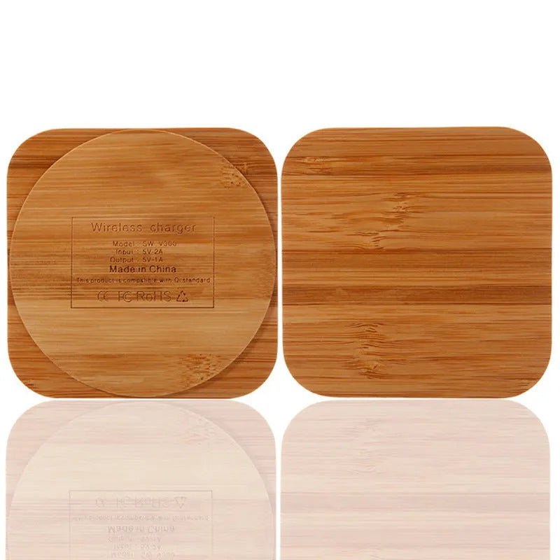 Brown wooden bamboo square 5W QI wireless charger on a desk