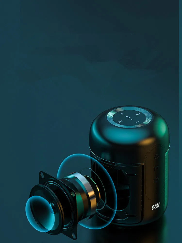 Compact black portable Bluetooth speaker showing front speaker grille and control buttons