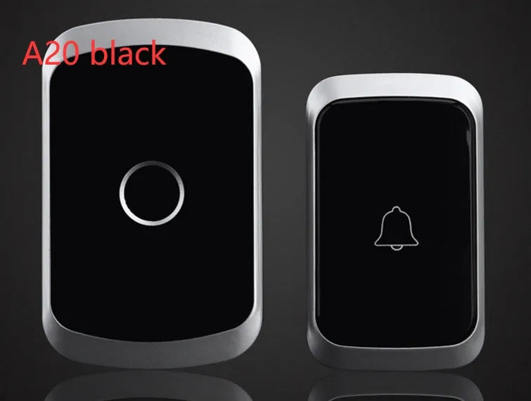 Wireless doorbell kit showing plug-in receiver and battery-powered push-button transmitter in black