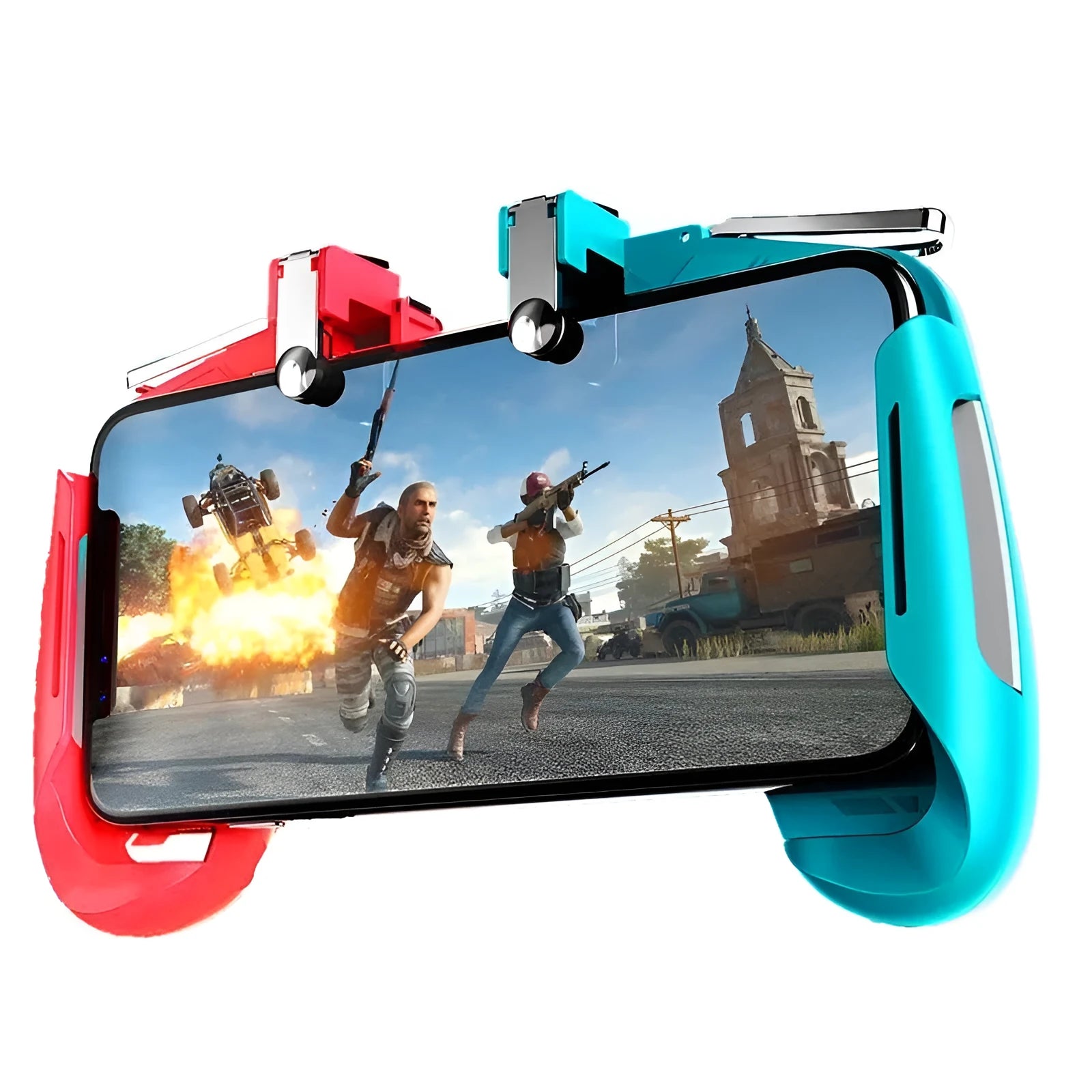 Adjustable Bluetooth mobile game controller handle holding a smartphone
